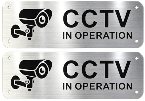 2Pcs Aluminum CCTV Warning Signs, Self-adhesive Surveillance Stickers with Pre-drilled Holes, Weatherproof Security Placards for Indoor Outdoor Home Business