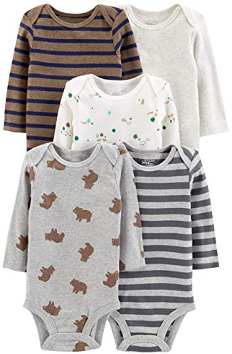 Simple Joys by Carter's Unisex Babies' Long-Sleeve Bodysuit, Pack of 5, Bear/Forest Animals/Stripes, 24 Months