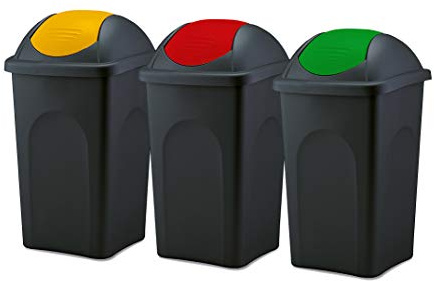 BigDean 3x Mülleimer groß 60L mit Schwingdeckel schwarz gelb, rot, grün | Schwingdeckeleimer aus Kunststoff - Müllsammler Abfalleimer Mülltonne Abfallbehälter - Made in Italy
