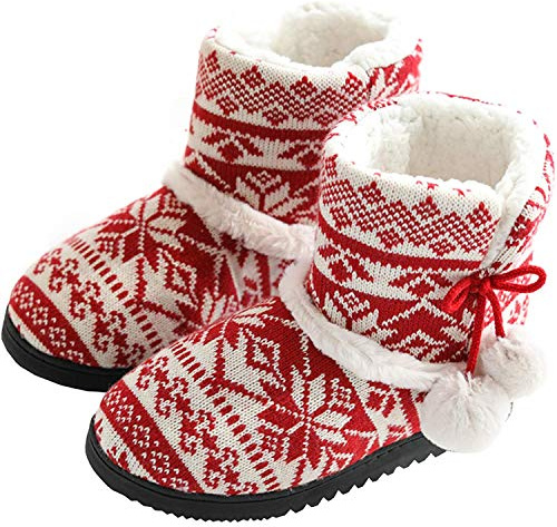 DimaiGlobal Damen Herren Hausschuhe Stricken Hüttenschuhe rutschfeste Wolle Hausstiefel Pantoffeln Plüsch gefüttert Warme Hüttenstiefel Winter Drinnen Draußen