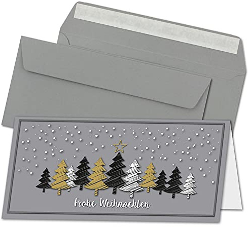 NEUSER PAPIER 150x Weihnachtskarten-Set DIN Lang in Grau mit Weihnachtsbäumen in Scratch-Optik - Faltkarten mit Umschlägen DIN Lang Grau mit Haftklebung - Weihnachtsgrüße für Firmen und Privat
