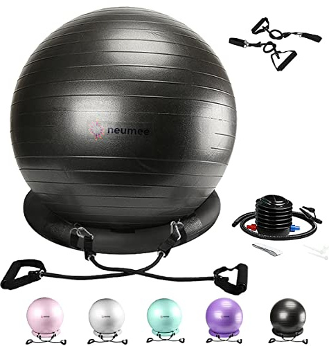 NEUMEE Yoga Ball Chair with 65cm Exercise Ball & 2 Resistance Bands, Stability Base for Home Office, Yoga, Pilates & Fitness, Balance Ball for Posture, Core Strength & Low Impact Workouts (Black)