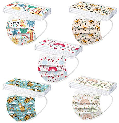 50 Pezzi Bambini per Mascherine Protezione per Il Viso USA e Getta 3 Strati Stampa arcobaleno Tessuto Cotone Antipolvere Visiera Bocca Faccia Adatto Regolabile Disegni Comfort Traspirante (A-009)