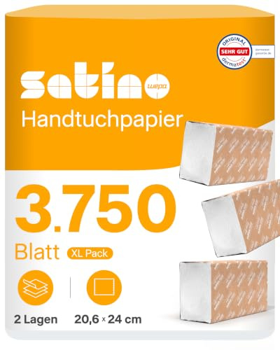 Satino – 3.750 Papierhandtücher – 2 lagig - Z-Falz – 20,6 x 24cm (gefaltet: 20,6 x 8 cm) - saugstark & fusselfrei - Handtuchpapier aus Recyclingpapier - Papiertücher für PT2 & H2 – Papier