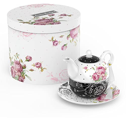 London Boutique Tea for One Teapot Teacup Saucer Set Afternoon Tea Set for 1 New Bone China Vintage Flora Gift for Women 350m (Black)