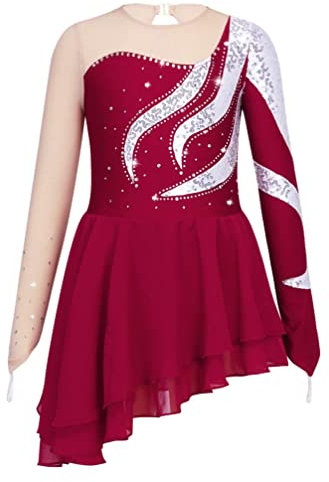 TiaoBug Mädchen Eiskunstlauf Kleid Langarm Tanzkleid Mesh Patchwork Strassstein Turnanzug mit Tutu Röckchen Rot C 146-152
