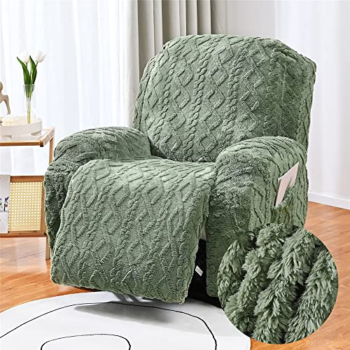 FANSU Housse de Fauteuil Relax Extensible 1 Places, Jacquard Peluche Housse de Fauteuil Relax Inclinable Electrique avec Poche, 4 Pièce Lavable Protege de Meubles pour Canapé (1 Places,Vert)