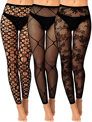 Jadive 3 Pcs Women Fishnet Tights Black High Waisted Net Footless Leggings Fish Net Tights Goth Stockings No Toes Pantyhose(Patterned Style)