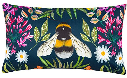 Wylder Nature House Of Bloom Zinnia Bee Cushion Cover – Floral Botanical Bumblebee Design (Navy – 30 x 50cm)