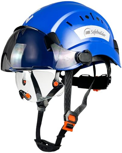 SAFEBUILDER Schutzhelm mit Visier, klar und getönt, verstellbar, belüftet, ABS, Arbeitshelm, 6-Punkt-Aufhängung, ANSI Z89.1 zugelassen für Industrie (blauer Hut mit klarem und getöntem Visier)