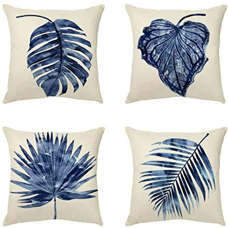 Fundas Cojines 45x45cm Juego de 4 Funda de Cojine Lino Funda de Almohada Cuadrado Funda Cojin Sofa Fundas de Cojines con Cremallera Cubierta para Sala de Estar Sofá Hogar Decoración Hojas Azules A97