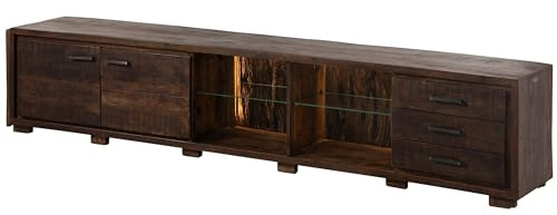 MASSIVMOEBEL24.DE|Bark TV-Board aus Massivholz #216 | aus Akazienholz - Dunkelbraun, lackiert | 235x40x47 cm | 5 Fächer & 3 Schublade | Kommode, Anrichte