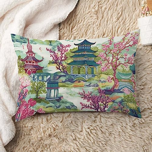 ArogGeld Pagoda Green Pink Flower Throw Pillows Asian Dark Green Pagoda Decorative Cushion Cover Chinoiserie Style Farmhouse Lumbar Pillow Sham for Bedroom Sofa Couch 16x24in White Flax