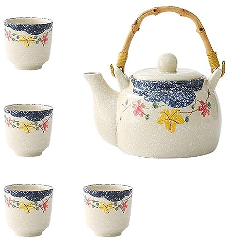 Juego de té japonés pintado a mano con viga de elevación Kung fu, juego de té de la tarde para el hogar, tetera de cerámica (4 tazas de té + 1 tetera)