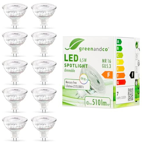 greenandco 10x MR16 GU5.3 | regulable | sustituye 45W | blanco cálido 3000K | IRC 90+ | 6,5W 510 lm | 38° | sin parpadeo | COB LED spot | 12V AC/DC