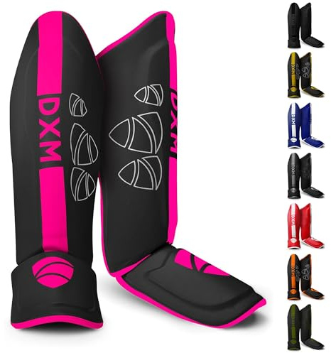 DXM Martial Arts Shin Guards Kickboxing Leg Guards with Instep Protection for for Muay Thai, Boxing, MMA, Karate, Taekwondo, Sparring, Training, MMA Equipment (M, Pink & Black)