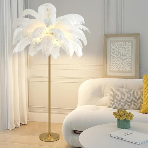ANram Lampadaire en Plumes d'Autruche Naturelles - Corps Doré, 3 Couleurs à Intensité Variable - Décoration Simple pour Chambre et Salon - Ampoule LED G4 Incluse