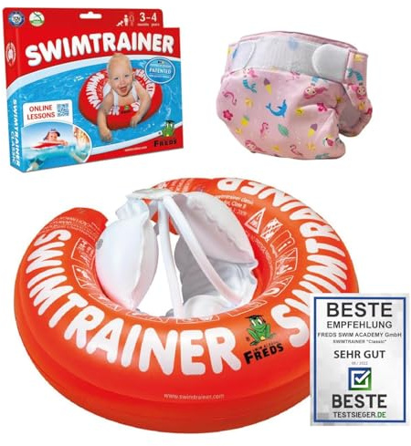 FREDS SWIM ACADEMY SWIMTRAINER Set Classic Rot & Nappy Pink in Größe 2, aufblasbare Schwimmhilfe für Kinder von 3 Monaten bis 4 Jahren mit Schwimmwindel