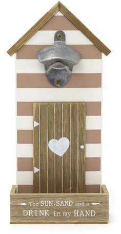 Seashore Beach House Bottle Opener | Wooden Beach Hut Wall Mounted Bottle Opener With Cap Catcher | Nautical Bottle Opener Home Bar Drinks Accessory