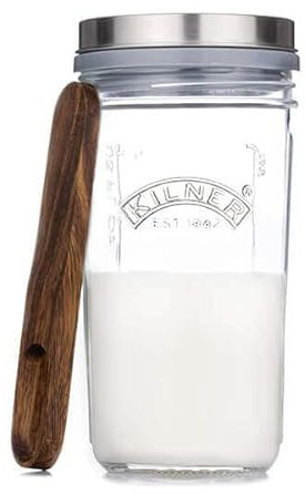 Kilner Kefir Set 0.5Litre Wide Mouth Jar with Silicone Strainer Cap Beech Wood Measuring Spoon & Stainless Steel Lid, Make Probiotic Drinks