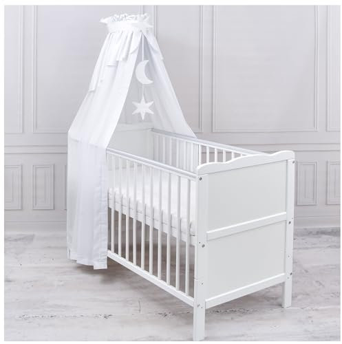 Generisch Baby Delux Babybett Himmel Betthimmel Chiffon Baldachin für Babybett Kinderbett Wiege Stubenwagen Himmelstange Applikationen Deko (Weiß, mit Himmelstange)