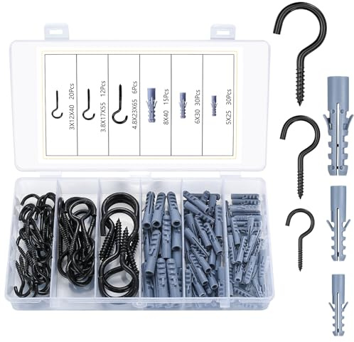 SYBDXJ 113 Stück Schraubhaken zum Schrauben, Deckenhaken mit Gewinde, Hakenschrauben, Einschraubhaken, Robuste Becherhaken für Home Garten hängende Pflanzen Schlüssel, (38 Haken, 75 Anker) - Schwarz