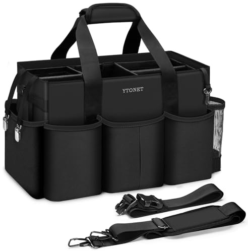 Ytonet Cleaning Caddy Bag, Cleaning Bag with Foldable Dividers | Water Resistance, Multiple Pockets, Adjustable Shoulder Strap and Waist Belt, For Cleaners and Housekeepers, Black