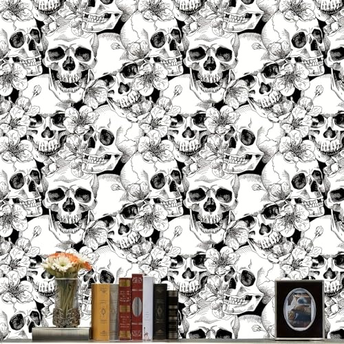 Selbstklebende Tapete Skull, 44.5 x 1000 cm Klebefolie Gothic Skull Tapete Schwarze und Weiße Totenköpfe und Blumen Tapeten Klebetapete Möbelfolie Selbstklebend für Badezimmer Wohnzimmer Schlafzimmer