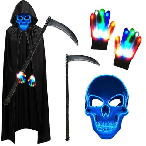 PASLFC Sensenmann Kostüm Erwachsene,Leuchtende Maske Set mit Sensemann Umhang und Sense und Glow Handschuhe,Halloween Kostüm Erwachsene,Kostüm Halloween Herren für Party Karneval Cosplay