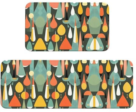YQxwJL Mid Century Küchenmatte, modern, Retro-Design, mit Tropfenformen, rutschfest, 2er-Set, bequeme Stehmatten für Küche, Büro