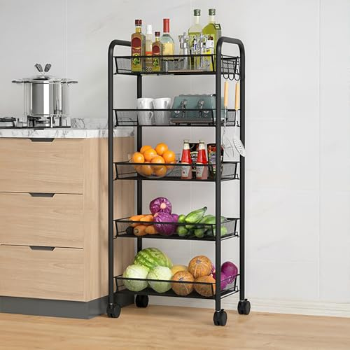 curfair 5 Etages Corbeille a Fruit,Desserte à Roulettes,Desserte Cuisine & Rangement Buanderie Châssis en Acier au Carbone,Panier Fruits et Légumes,Rangement Pomme de Terre (Noir)