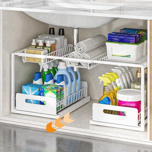 ママ倉 Under Sink Organizer,2 Tier Slide Out Kitchen Cabinet Organizer,Under Sink Storage for Bathroom Kitchen,White