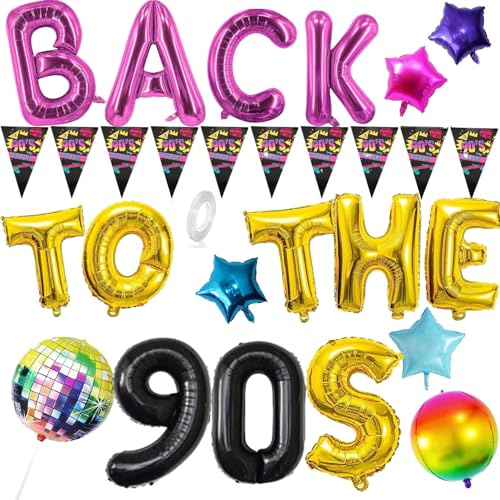 90er Jahre Retro Party Deko für Erwachsene – Disco Banner & Folienballons, Back to the 90s Motto Dekoration