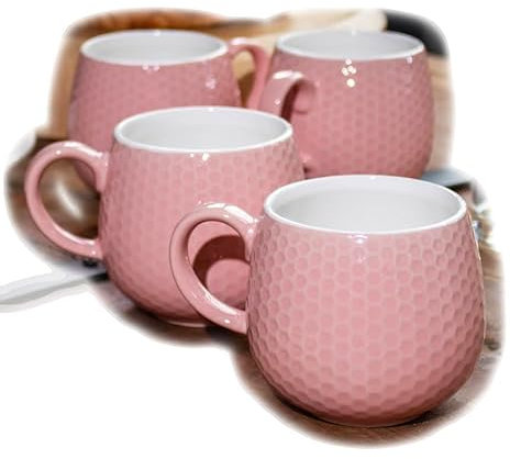 Darthome Set of 4 Pink Honeycomb Mugs Stoneware 370ml Large Embossed Geometric Coffee Cup