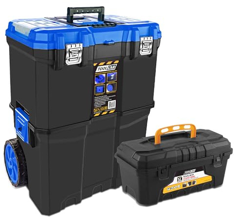 Tool Lab Mobile Rolling Tool Box Kit - 2-Tier Stacking with Pull-Along Handle, Metal Latches, Rugged Wheels, and 12 Tool Box For Workshop, Home and Work - Durable and Portable Storage Solution Blue