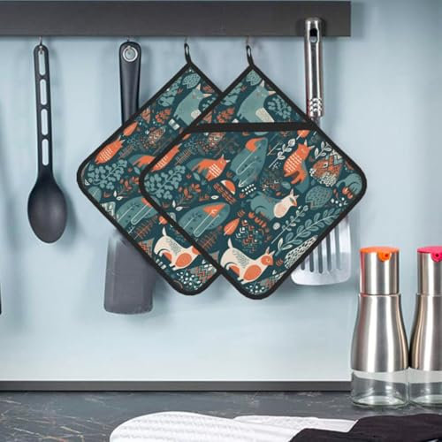 Topflappen für die Küche, waschbar, skandinavische Tiere, Topflappen, hitzebeständig, quadratisch, heißes Pad zum Kochen, Grillen, rutschfestes Ofen-Topflappen-Set