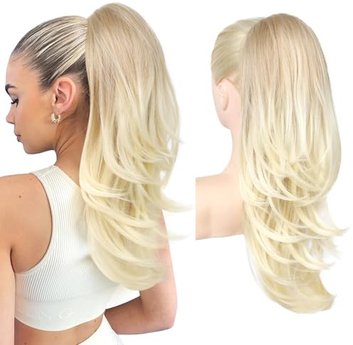 Flufymooz Ponytail Extension, 50 cm Pferdeschwanz Haarverlängerung mit Kordelzug für Frauen weiches, natürlich aussehendes synthetisches Pferdeschwanz Haarteil-Dunkelblond bis Hellblond