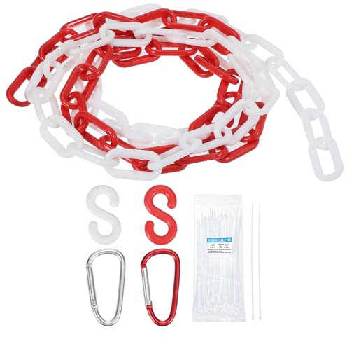 sourcing map Plastic Chain 5 FT/1.53 M, Safety Chain Red White Plastic Chain Link Barrier with Zip Ties Buckle and S-Hooks for Crowd Control Queue Line Fence Decoration