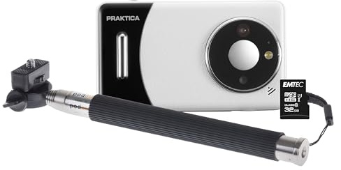 Praktica DZ13 Compact Digital Camera with SanDisk 32GB MicroSD Card & Selfie Stick - 13MP Dual CMOS Sensors, Wide-Angle Lens & 18x Zoom, Full HD Video