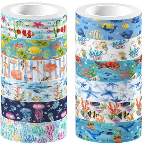 craspire 12 Rouleau de Ruban de Masquage Décoratif pour Animaux Marins Créatures de L'Océan Tortues Étoiles de Mer Corail Poissons Méduses Monde sous Marin Vie Marine pour Journal Intime Scrapbooking