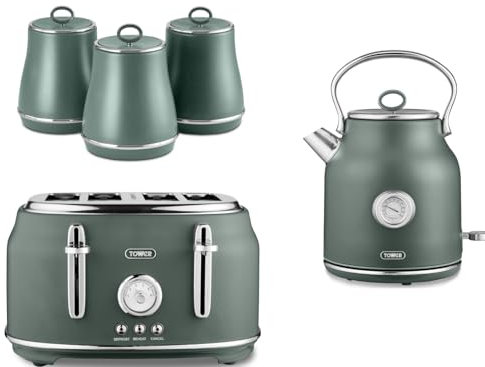 Tower Renaissance Forest Green Kettle, 4 Slice Toaster and Tea, Coffee, Sugar Canisters. Beautiful Matching Kitchen Set of 5 in Forest Green with Chrome Accents
