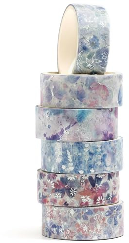 Songdao 6 Rollen Blumen Gold Washi Tape Set Silber Folie Dekoratives Klebeband Bunt für Scrapbooking, Bullet Tagebuch, Planer, Geschenkverpackung (Twilight Garden)