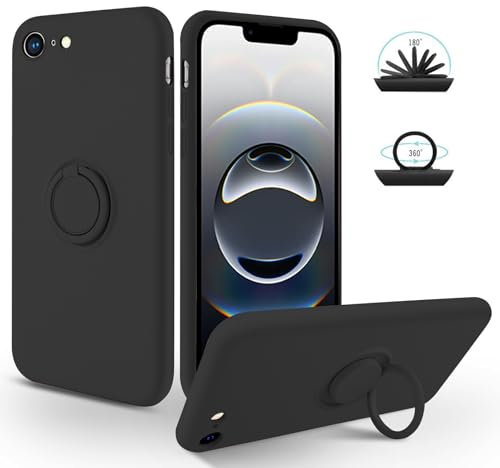 SouliGo for iPhone 16e Case 6.1 2025 Silicone Soft Gel Rubber Phone Case with 360° Ring Holder Kickstand【Compatible Magnetic Car Mount】 Slim Shockproof Protective Anti-Slip Phone Cover - Black