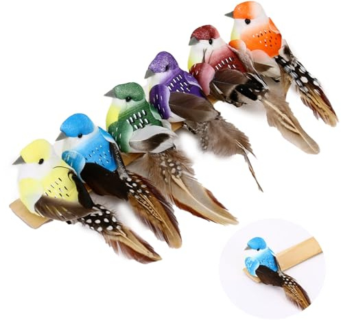 6 Pcs Handmade Feather Bird Ornaments with Clips - Artificial Foam Birds for Garden, Home Decor, Christmas Tree Lawn Decoration