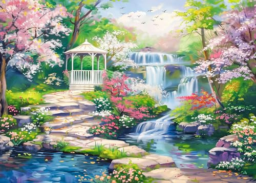 Jigsaw Puzzle 1000 Pieces-Waterfall flower Pavilion Puzzles for Adults Landscape Jigsaw Puzzles for Adults 1000 Natural Scene Puzzle for Teens Interactive Toy Brain Teaser