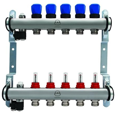 KAN-Therm Edelstahl-Fußbodenheizungsverteiler 2 Heizkreise – 203 mm – M30x1,5 – mit Durchflussmengenanzeiger & Rücklaufventilen – HK-Verteiler 2-fach für Eurokonus 3/4