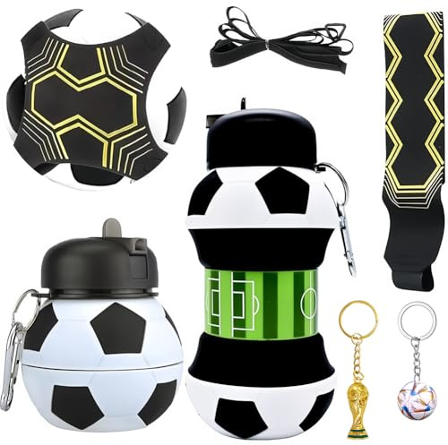Kit Per Amanti Del Calcio,Borraccia Silicone Calcio Con Moschettone Football Portachiavi,Trainer Da Calcio Cintura Regolabile,Silicone Bottiglia 550 Ml Adatta a Campeggio Viaggi Sport Per Bambini