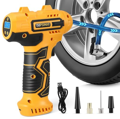 GJCrafts Pompa ad aria elettrica e compressore a batteria per bicicletta, materasso ad aria e scooter elettrico, portatile, display digitale, funzione di spegnimento automatico, illuminazione a LED