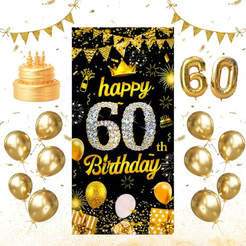 Geburtstagsbanner 60 Jahre 180 x 90cm - 60.Geburtstag Deko Banner | Hintergrund Waschbar und Faltbar Leicht und Einfach Aufzuhängen,Türbanner 60.Geburtstags,für Wände Schlafzimmer Fenster Türen