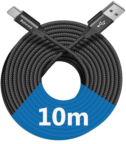 Baiwwa Câble USB A vers USB C 10M, Extra Long Cable USBC Charge Rapide Tressé Type Cordon pour Samsung Galaxy Tab S8 S9 Plus, pour PS5 Controller, Switch -Noir